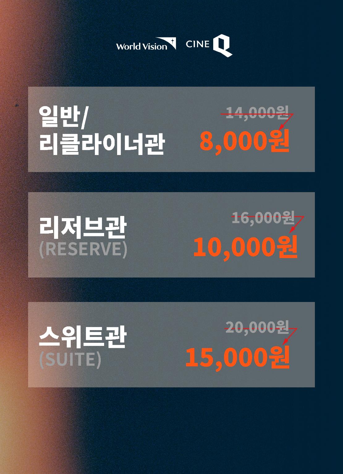 월드비전 후원자 할인가격 일반관 팔천원 리저브관만원 스위트관 만오천원